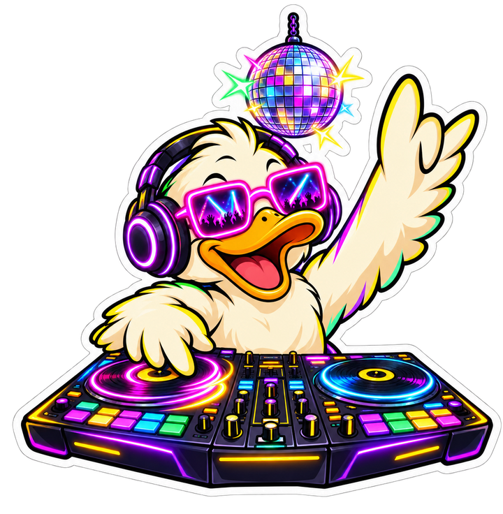 The DJ Hollie-P disco duck dancing at the turntables under a spinning disco ball