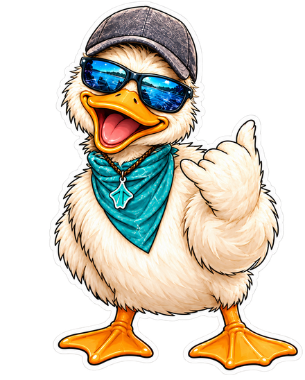 Die-cut sticker of the Duck Wild duck: a fluffy white duck in a gray cap, mirrored sunglasses and a teal bandana, laughing and throwing a shaka