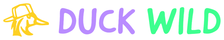 DUCK WILD decal: a duck in a backwards trucker cap in gold, DUCK in purple, WILD in green