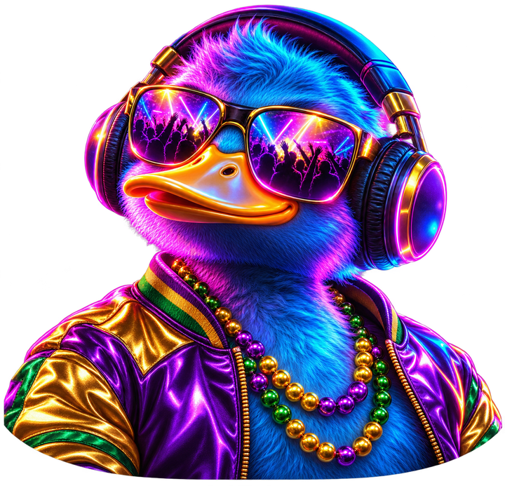 The DJ Hollie-P headliner duck in big headphones and mirrored shades, wearing a purple and gold jacket and Mardi Gras beads, nodding to the beat