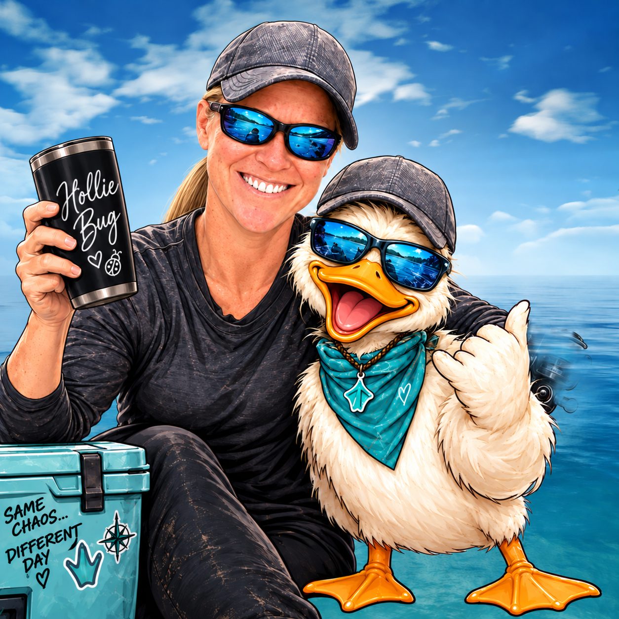 Illustration of Hollie on the water in a cap and mirrored sunglasses, raising a tumbler that reads Hollie Bug in cursive, next to her cartoon duck sidekick in matching shades and a teal bandana