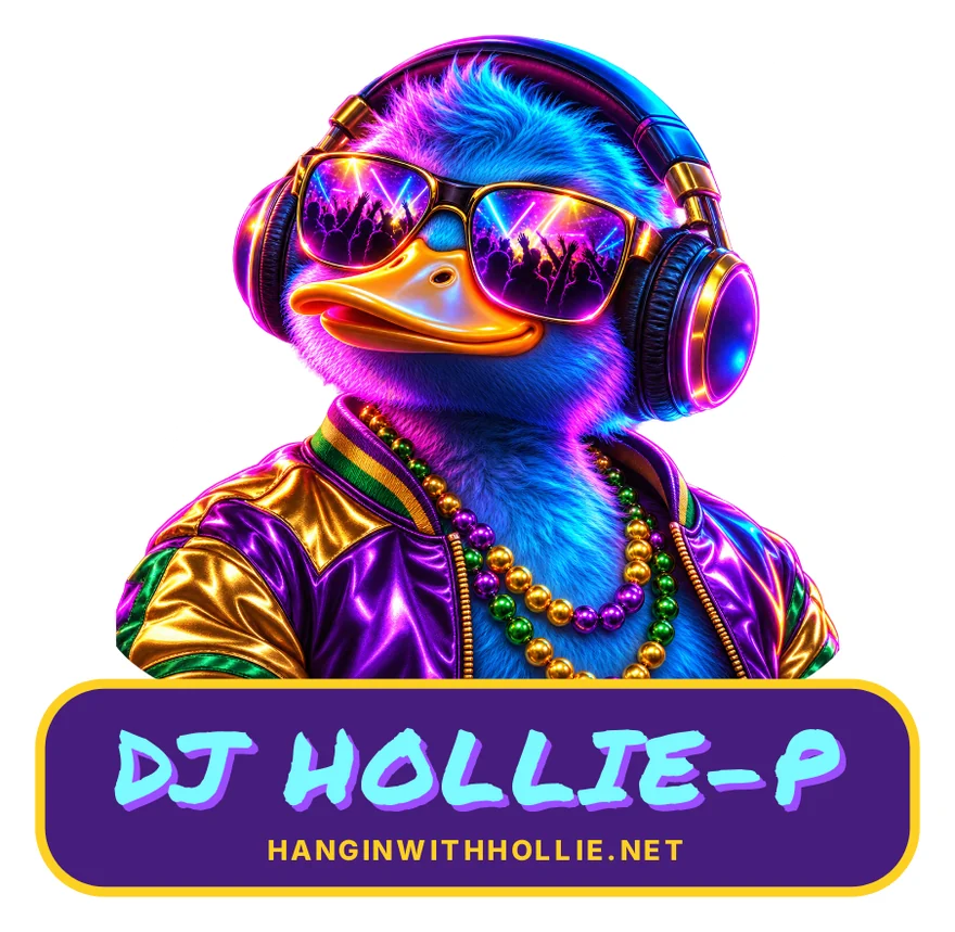 Mardi Gras headliner die-cut sticker: a fluffy neon-lit duck in big headphones and mirrored shades, wearing a purple and gold bomber jacket and Mardi Gras beads, above a purple and gold DJ HOLLIE-P banner with HANGINWITHHOLLIE.NET