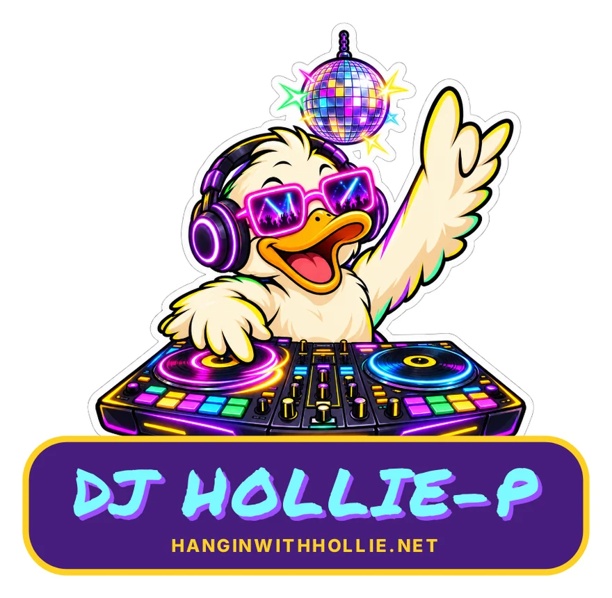 Neon party duck die-cut sticker: a cheerful cartoon duck in purple glowing headphones and hot-pink neon sunglasses, scratching on a neon DJ controller with one wing raised under a disco ball, above a purple and gold DJ HOLLIE-P banner with HANGINWITHHOLLIE.NET