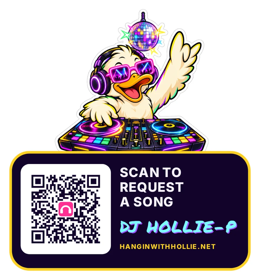 Neon party duck scan sticker: the duck above a panel with a QR code, SCAN TO REQUEST A SONG, DJ HOLLIE-P and HANGINWITHHOLLIE.NET