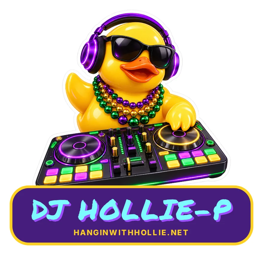Rubber duck DJ die-cut sticker: a glossy yellow rubber duck in black sunglasses, purple headphones and Mardi Gras beads, playing a purple, green and gold DJ controller, above a purple and gold DJ HOLLIE-P banner with HANGINWITHHOLLIE.NET