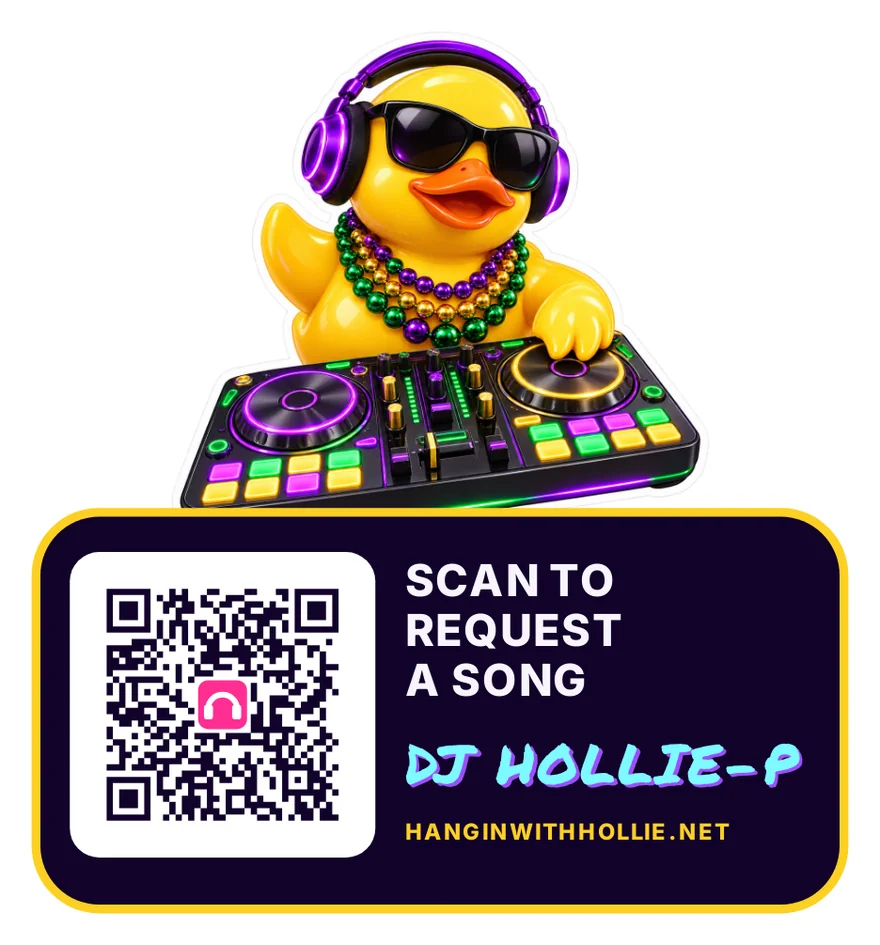 Rubber duck DJ scan sticker: the duck above a panel with a QR code, SCAN TO REQUEST A SONG, DJ HOLLIE-P and HANGINWITHHOLLIE.NET