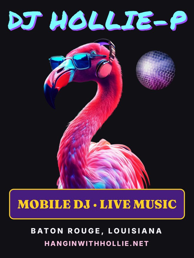 Back of the black DJ Hollie-P t-shirt: DJ HOLLIE-P in aqua marker lettering, the flamingo in mirrored shades and headphones beside a disco ball, a purple and gold band reading MOBILE DJ, LIVE MUSIC, then BATON ROUGE, LOUISIANA and HANGINWITHHOLLIE.NET