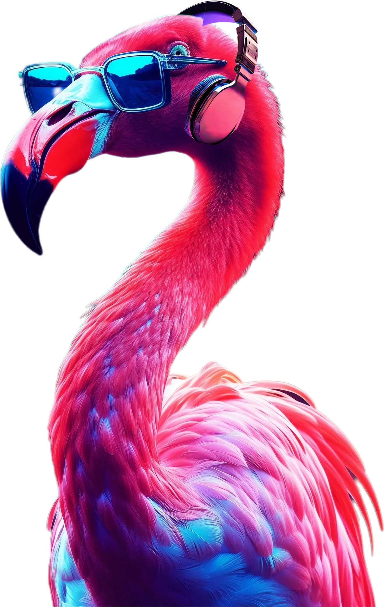 The DJ Hollie-P flamingo in mirrored blue sunglasses and chrome DJ headphones