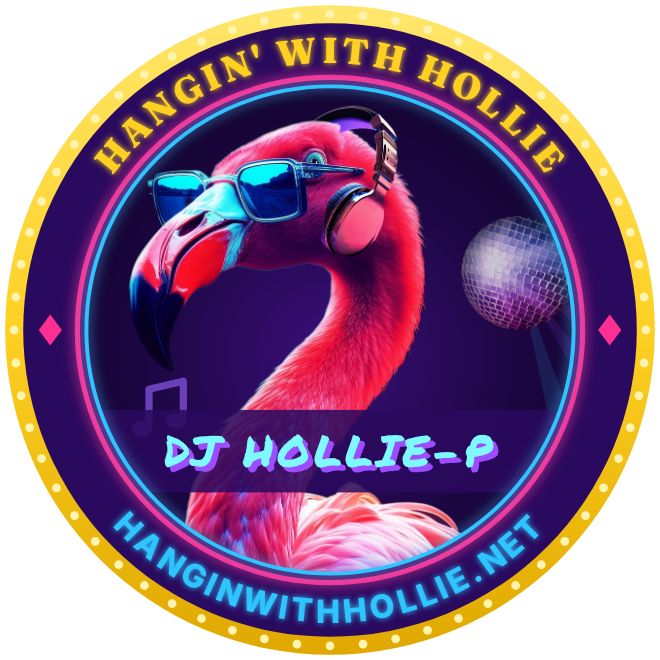 Round badge sticker: the flamingo in shades and headphones with a disco ball, DJ HOLLIE-P on a purple band, ringed by HANGIN' WITH HOLLIE and HANGINWITHHOLLIE.NET