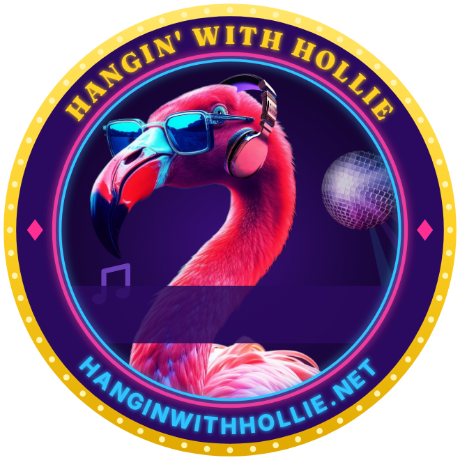 Party sticker template: the flamingo badge with an empty purple band for your names and date
