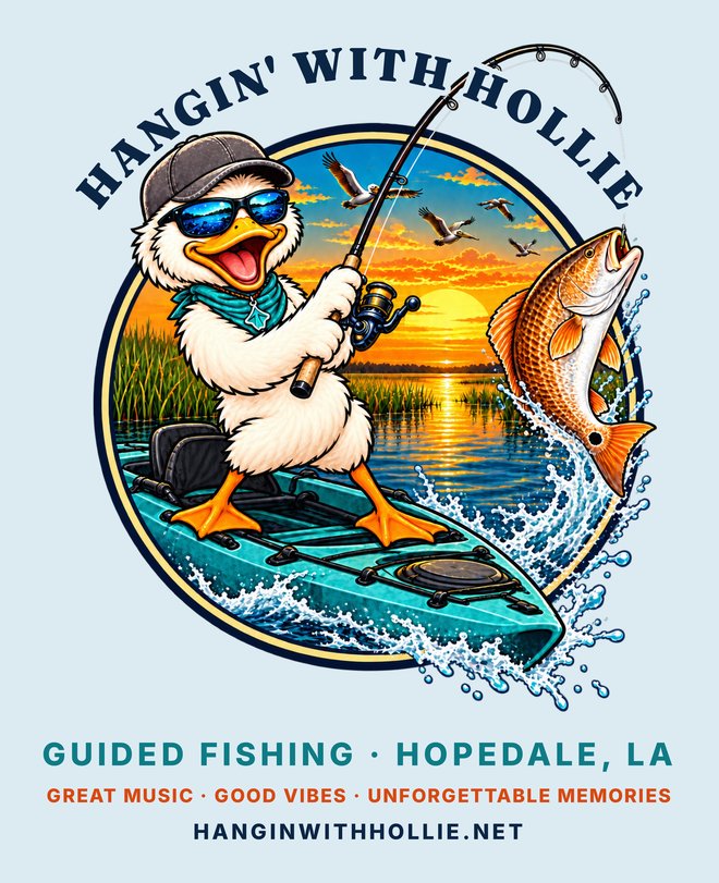Back of the light blue long-sleeve fishing shirt: HANGIN' WITH HOLLIE arched around a round badge of the duck in sunglasses standing in a teal kayak, reeling in a jumping redfish at sunset in the marsh, then GUIDED FISHING, HOPEDALE, LA; GREAT MUSIC, GOOD VIBES, UNFORGETTABLE MEMORIES; HANGINWITHHOLLIE.NET